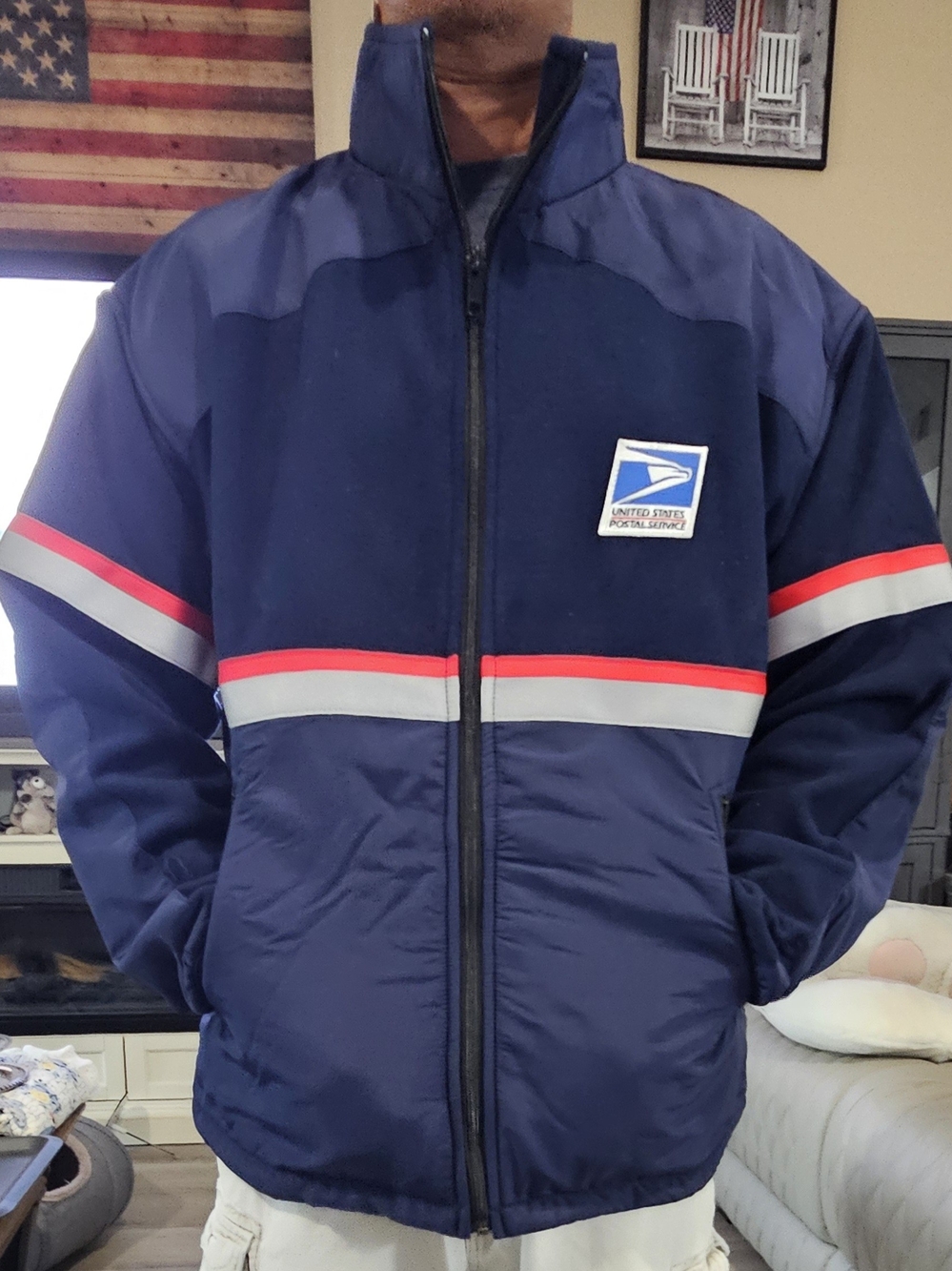 BRAND NEW! USPS Men's Navy Blue Postal Work Jacket with Red & Gray Accents